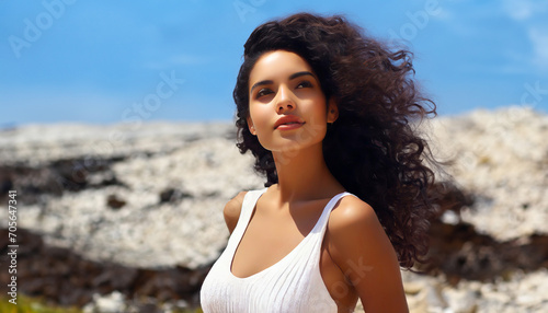 A beautiful indo latino female model with curly long hair