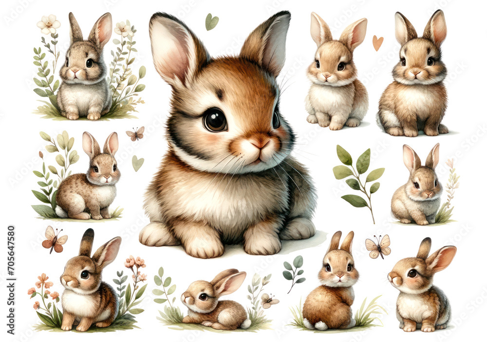 set of watercolor cute rabbits isolated on transparent background set of watercolor cute rabbits isolated on transparent background