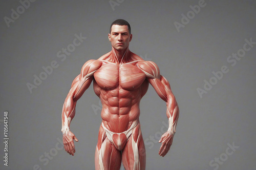 Skinless man, human anatomy and muscular system photo