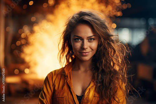 Picture of woman on industry factory manufacturing iron and welding metal light sparks generative AI