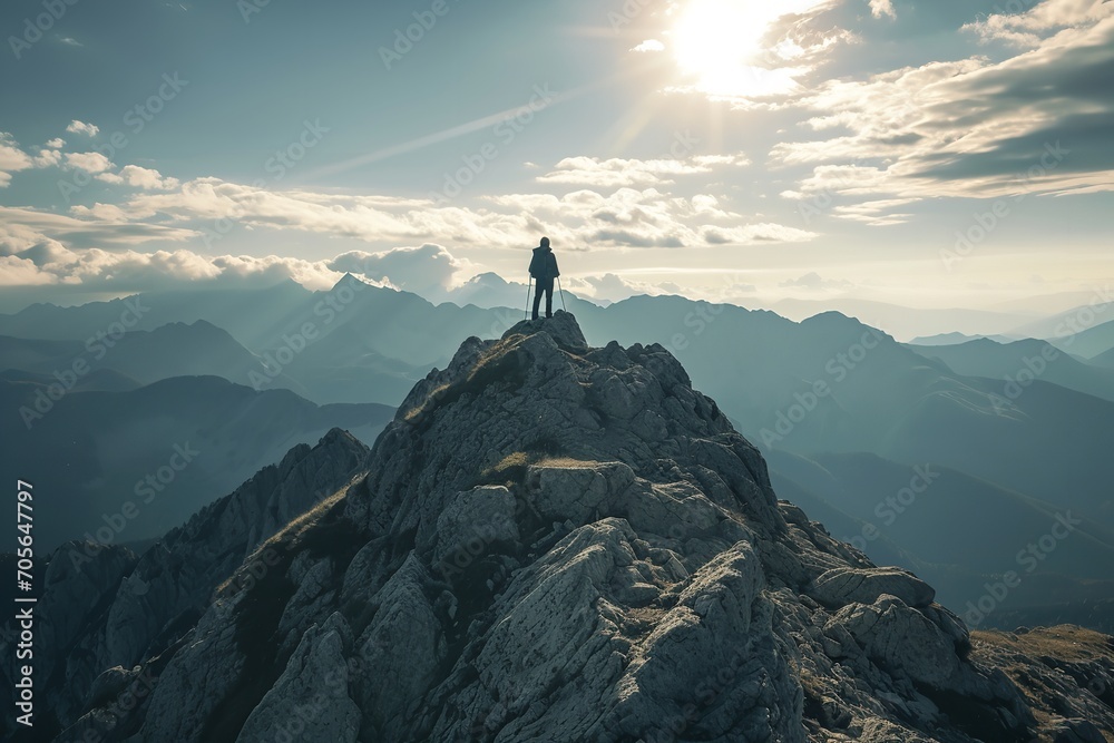 A hiker enjoying the sunrise in a mountainous area, Generative AI.