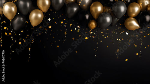 Glamorous Celebration: Black and Golden Balloons and Confetti on Dark Glittering Background
