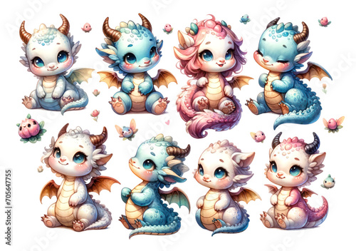 set of watercolor cute dragon isolated on transparent background