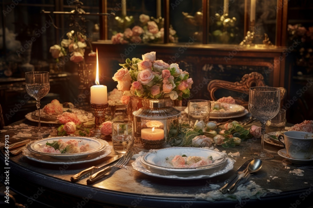 Extravagant Luxury beach dinner. Romantic table. Generate Ai