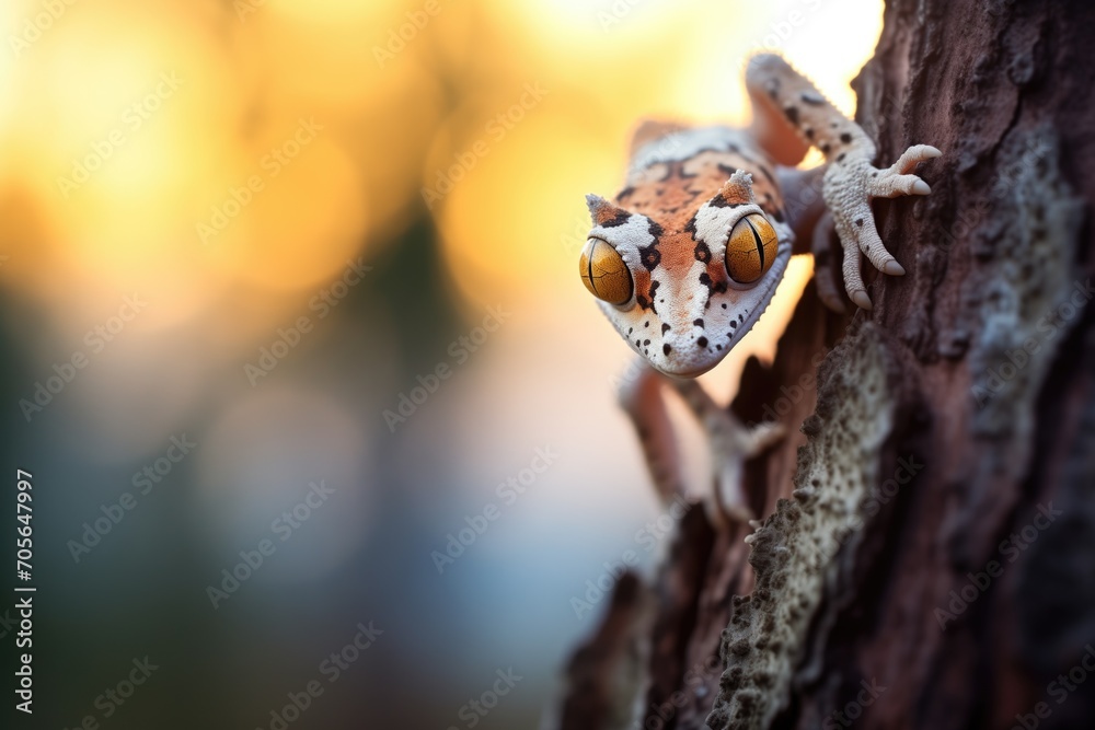 gecko eyeing prey on a tree bark at dusk