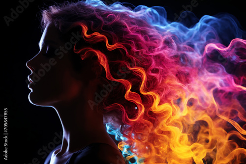 Portrait of a woman with vibrant  multicolored  smoke-like hair  illuminated against a dark background. 