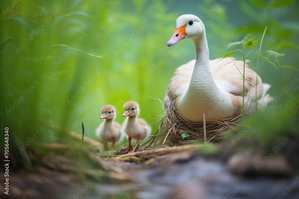 mother goose with goslings exploring underbrush