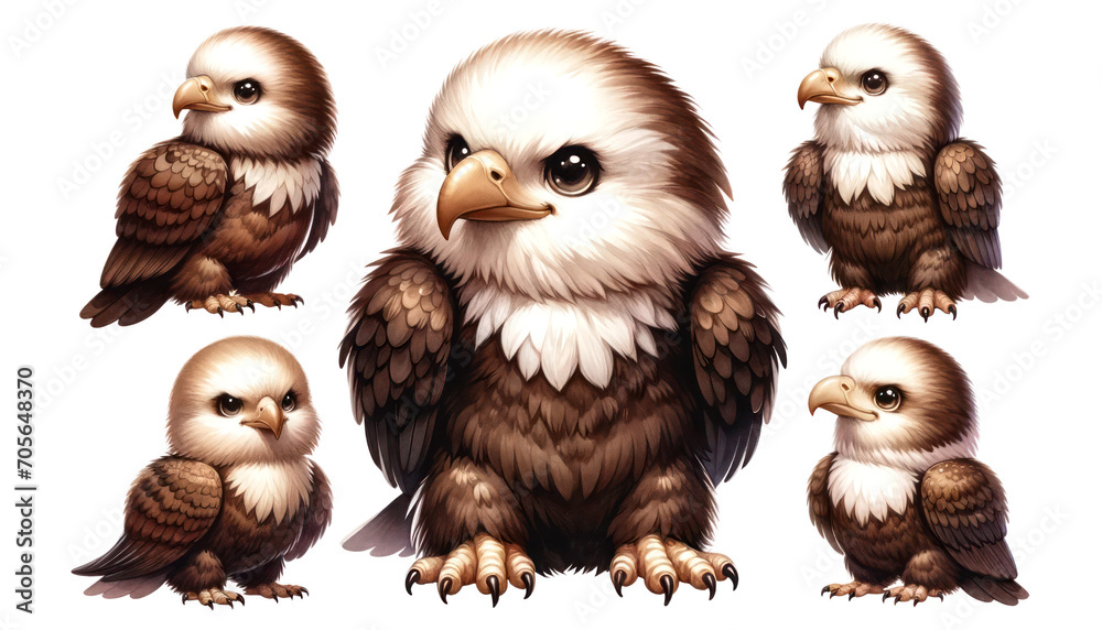 Fototapeta premium set of watercolor cute Bald Eagle isolated on transparent background