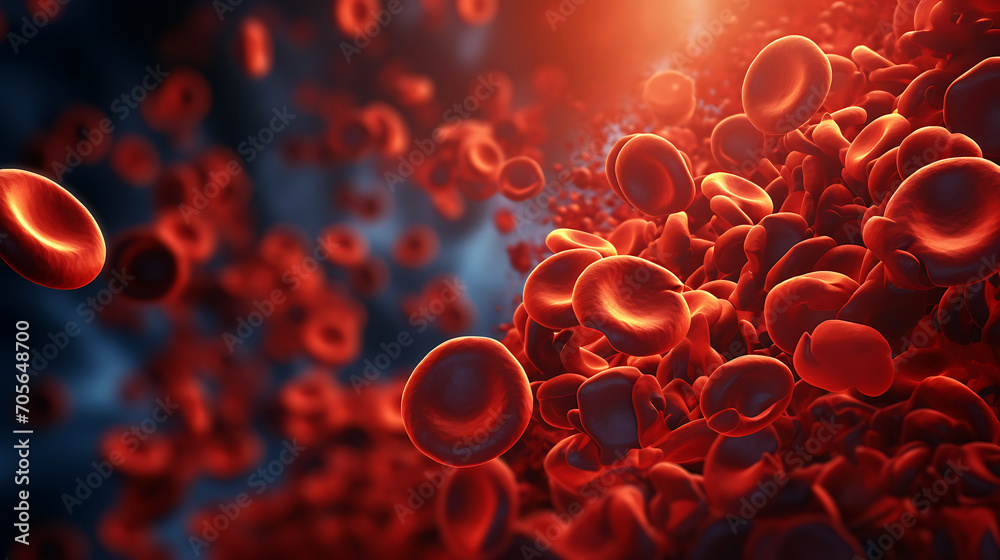 3d rendering of red blood cells in vein, blood cells flowing in one direction - obrazy, fototapety, plakaty 