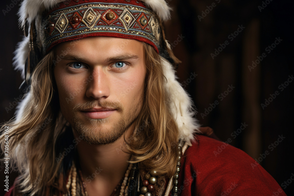 Fototapeta premium A handsome man in traditional clothes symbolizing country and cultural heritage generative Ai