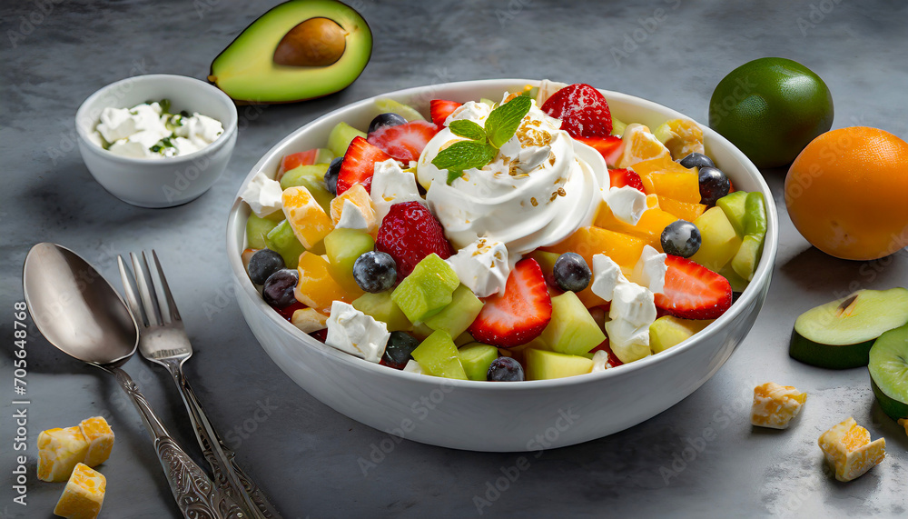 Top view of a delicious looking bowl of mixed fruit salad with whipped cream