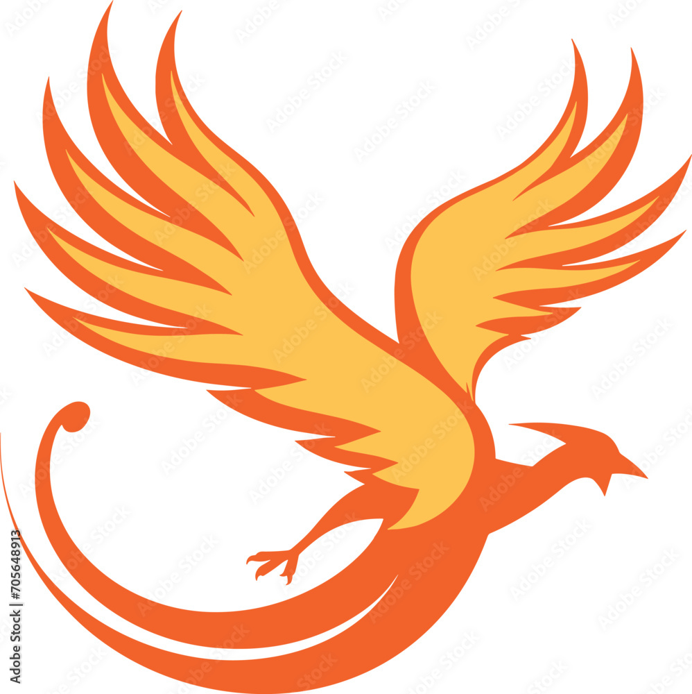 Obraz premium Orange phoenix bird in flight with spread wings and tail. Mythical fire bird soaring gracefully vector illustration.