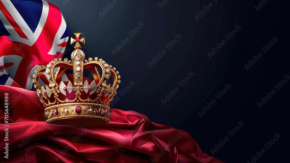 Royal golden crown with jewels on a pillow on isolated background, Symbols of UK, generative ai - obrazy, fototapety, plakaty 