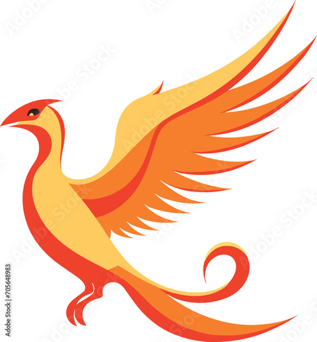 Stylized orange phoenix in flight with elegant wings and tail. Mythical fire bird rising, symbol of rebirth. Majestic phoenix design for fantasy themes vector illustration.
