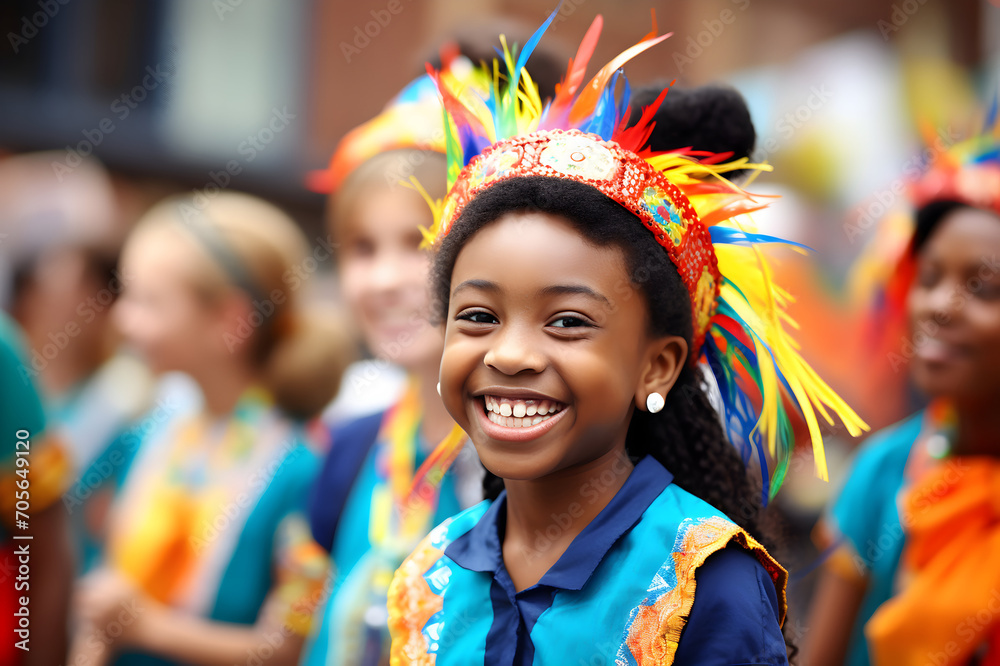 Fototapeta premium Portrait of happy african american girl in national costume at parade