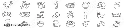Healthy vegetable salad, food, poke bowl, Wellness, Breakfast, Fish, Apple, Carrot, Juice, Cake, Coffee, Meal, Burger, Pizza, line icons set collection, Vector