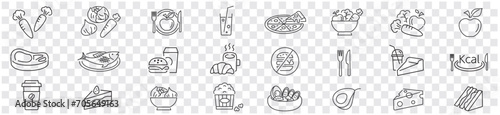 Healthy vegetable salad, food, poke bowl, Wellness,  Breakfast, Fish, Apple, Carrot, Juice, Cake, Coffee, Meal, Burger, Pizza, line icons set collection, Vector photo