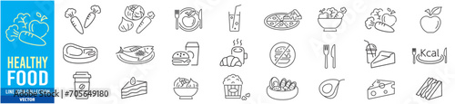 Healthy vegetable salad, food, poke bowl, Wellness,  Breakfast, Fish, Apple, Carrot, Juice, Cake, Coffee, Meal, Burger, Pizza, line icons set collection, Vector