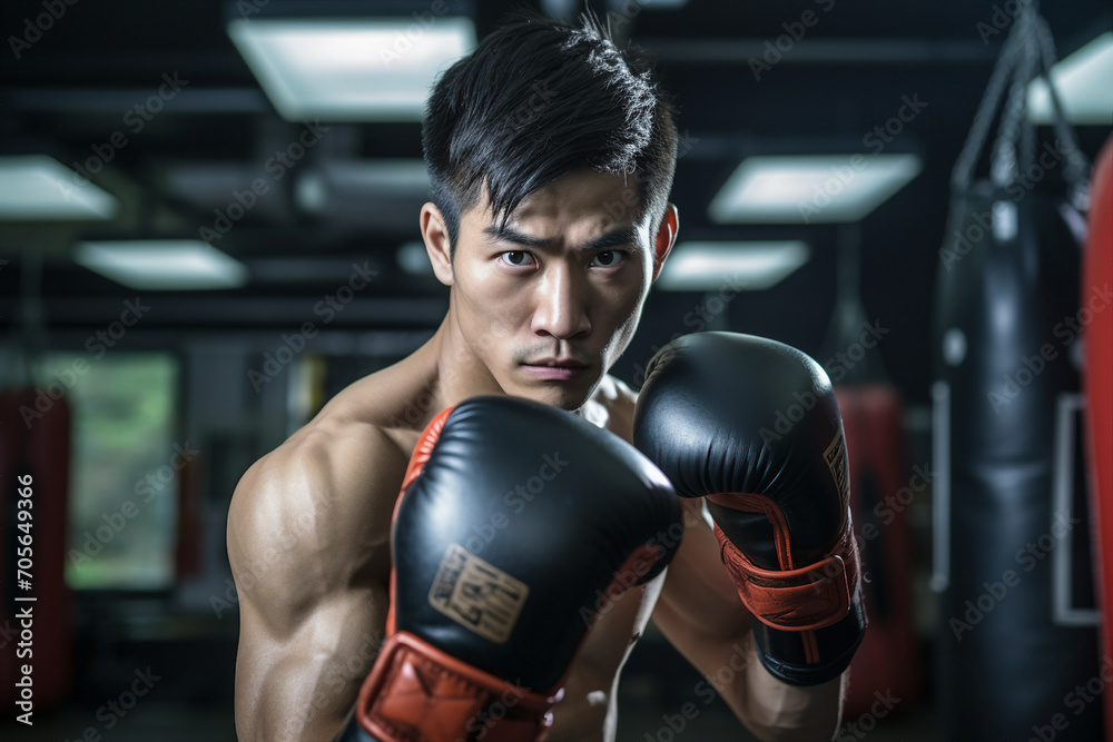 Generative AI illustration of serious determined male female boxer wearing boxing gloves Generative AI illustration of serious determined male female boxer wearing boxing gloves