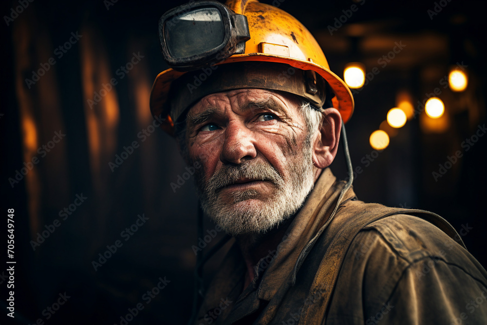Generative AI image of man dressed in work overalls and a hard hat in mine Generative AI image of man dressed in work overalls and a hard hat in mine
