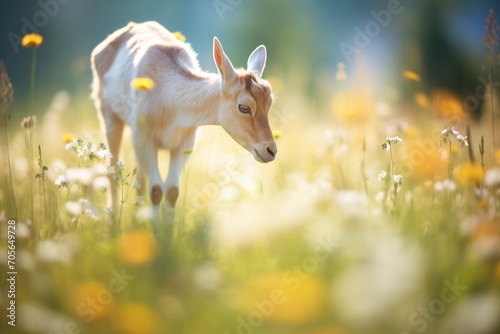 goat grazing on a patch of wildflowers in sunlight © studioworkstock