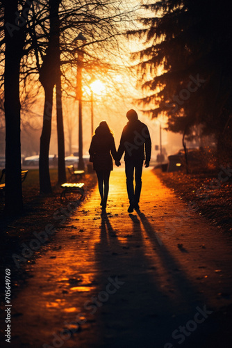 Couple walking in the park at sunset. Man and woman holding hands.