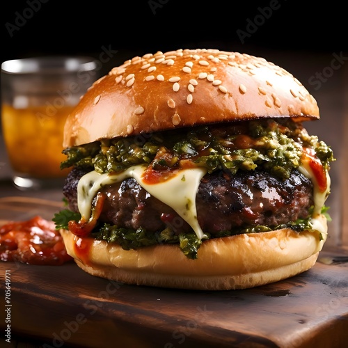 Hamburger, cheeseburger, chicken burger, burger with lettuce, cheese, bacon, pickle, tomato, sauce, onion. Wooden board, close-up photo.