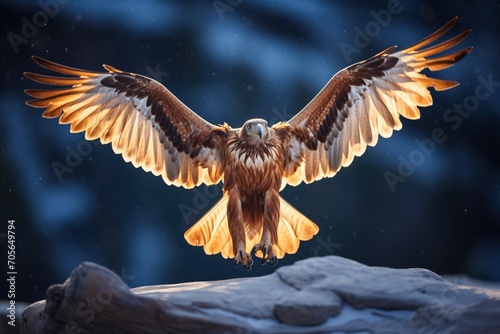 golden eagle with outstretched wings in alpine glow photo