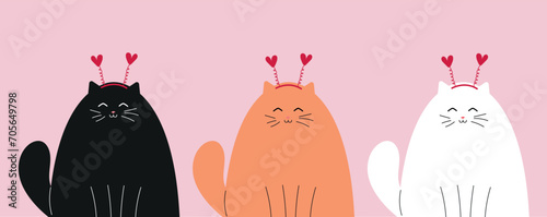 set of three vector st valentines day cartoon cats in heart headbands. black, red, white romantic kawaii cats in love. cute funny hand drawn kittens on pink background photo