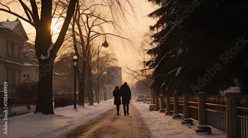 A man and a woman walking in the park in the winter.