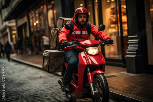 Delivery man in uniform on motorcycle, fast delivery concept