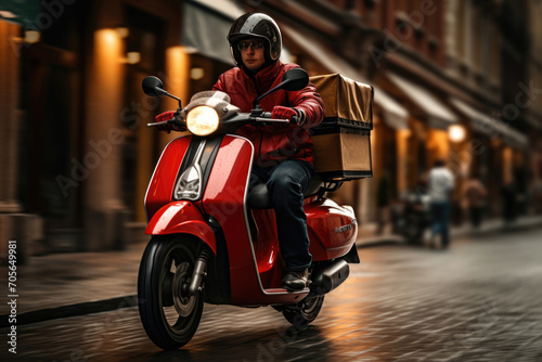 Delivery man in uniform on motorcycle, fast delivery concept