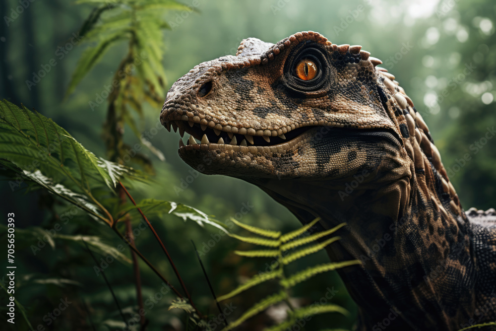 Obraz premium Dinosaur hunts in the green forest