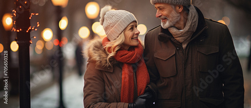 Couple in winter clothes walking in the city. They are smiling.