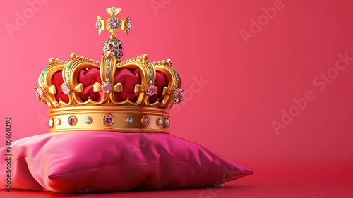 Royal golden crown with jewels on a pillow on isolated background, Symbols of UK, generative ai photo
