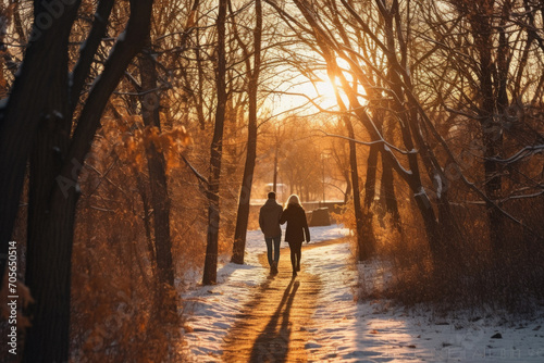 Man and woman walking in the park at sunset. Winter season.