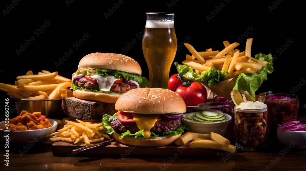 Richly set table with hamburgers, beer, fries, chicken nuggets, salads on a dark background.