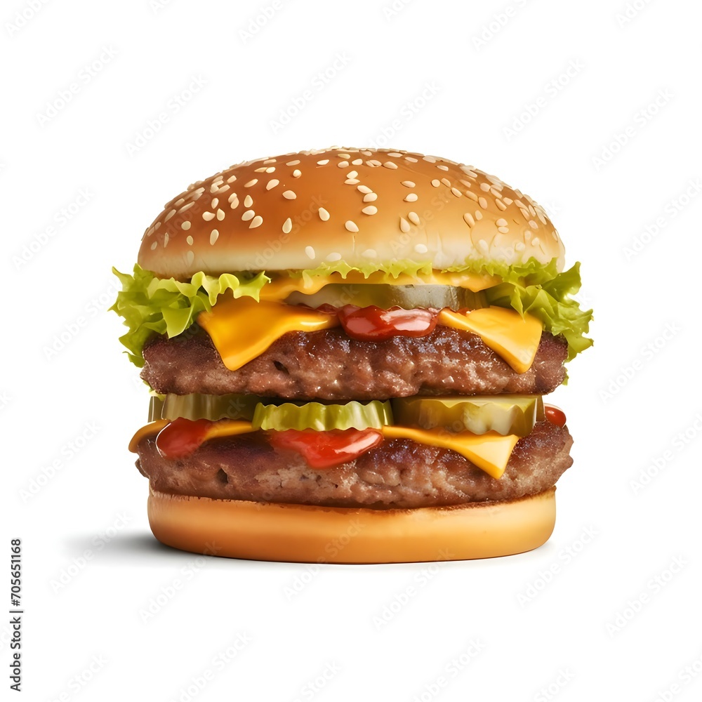 Hamburger, cheeseburger, burger with lettuce, cheese, bacon, pickle, tomato, sauce, onion. Appetizing. Side view. Illustration, white isolated background. Hamburger, cheeseburger, burger with lettuce, cheese, bacon, pickle, tomato, sauce, onion. Appetizing. Side view. Illustration, white isolated background.