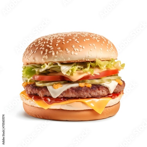 Hamburger, cheeseburger, burger with lettuce, cheese, bacon, pickle, tomato, sauce, onion. Appetizing. Side view. Illustration, white isolated background.