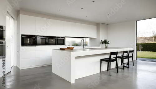 Concrete floor white kitchen with table