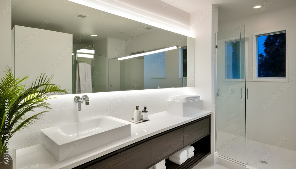Fototapeta premium Contemporary bathroom with nighttime lighting featuring shower bathtub mirror and washstand