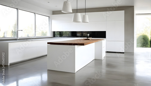 Concrete floor white kitchen with table