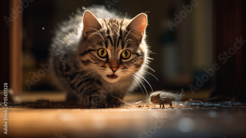 The suspenseful moment of a cat stalking a mouse.