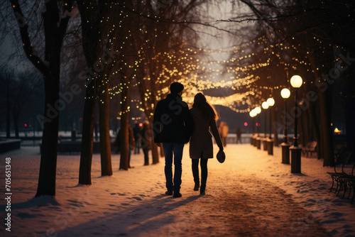 Couple in love walking on a city street at night in winter.