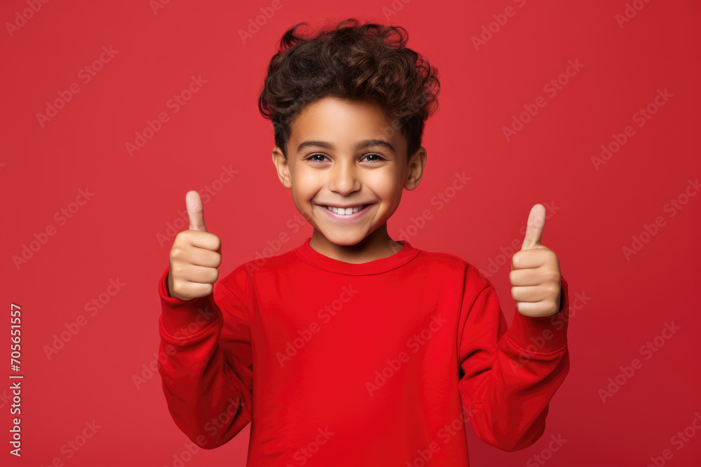boy in a red sweater on a red background shows a thumbs up boy in a red sweater on a red background shows a thumbs up