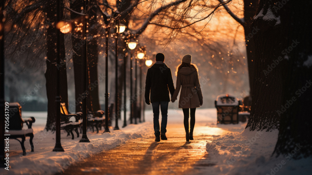Couple in love walking in the park on a winter evening.