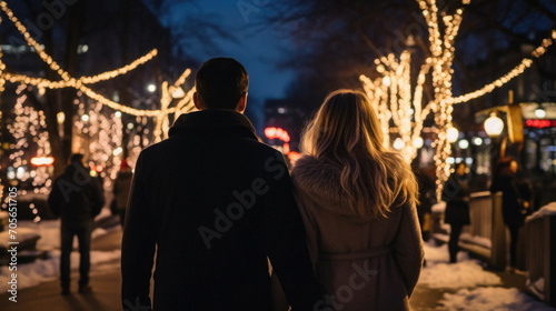 Back view of young couple walking on the street at Christmas time.