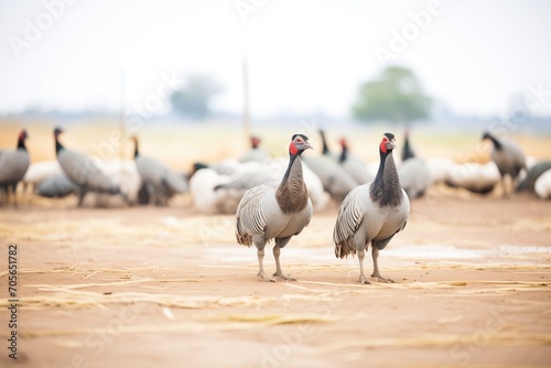 guinea fowls interacting in open farmland photo