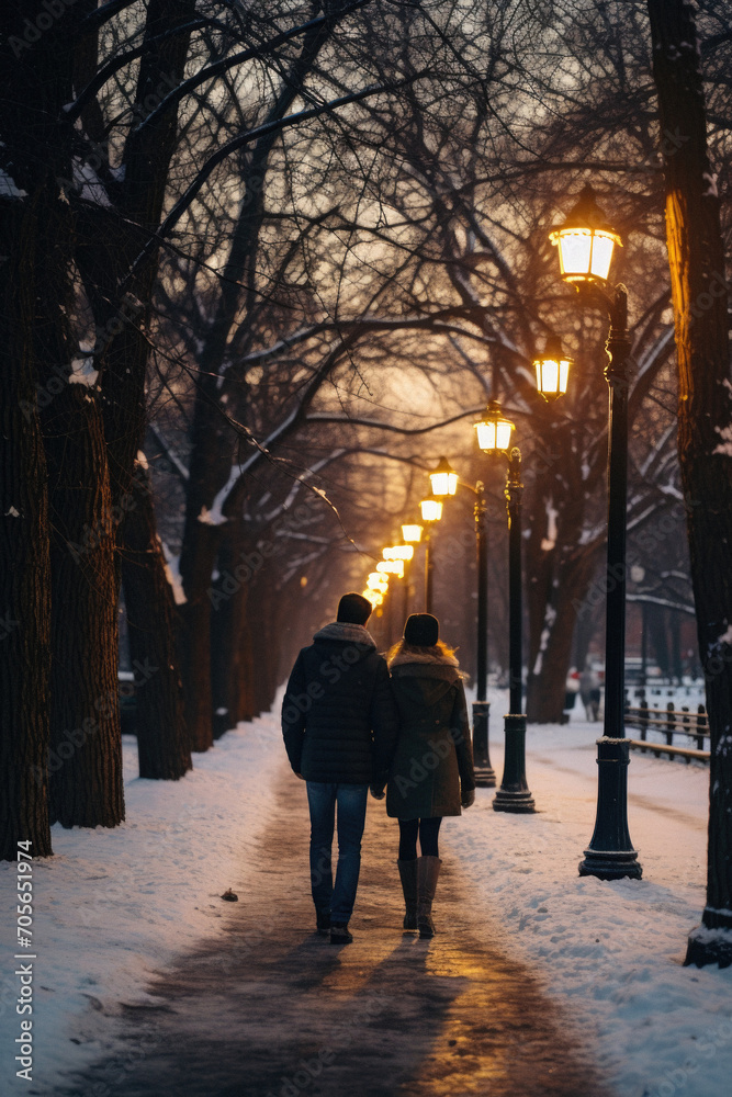 Couple walking in the park in winter. Young man and woman walking in the park in winter. Couple walking in the park in winter. Young man and woman walking in the park in winter.