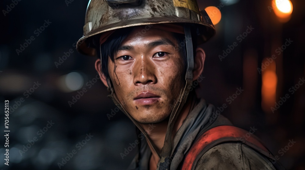 Young Asian Miner in Overalls: Lifestyle Photo in Coal Mine